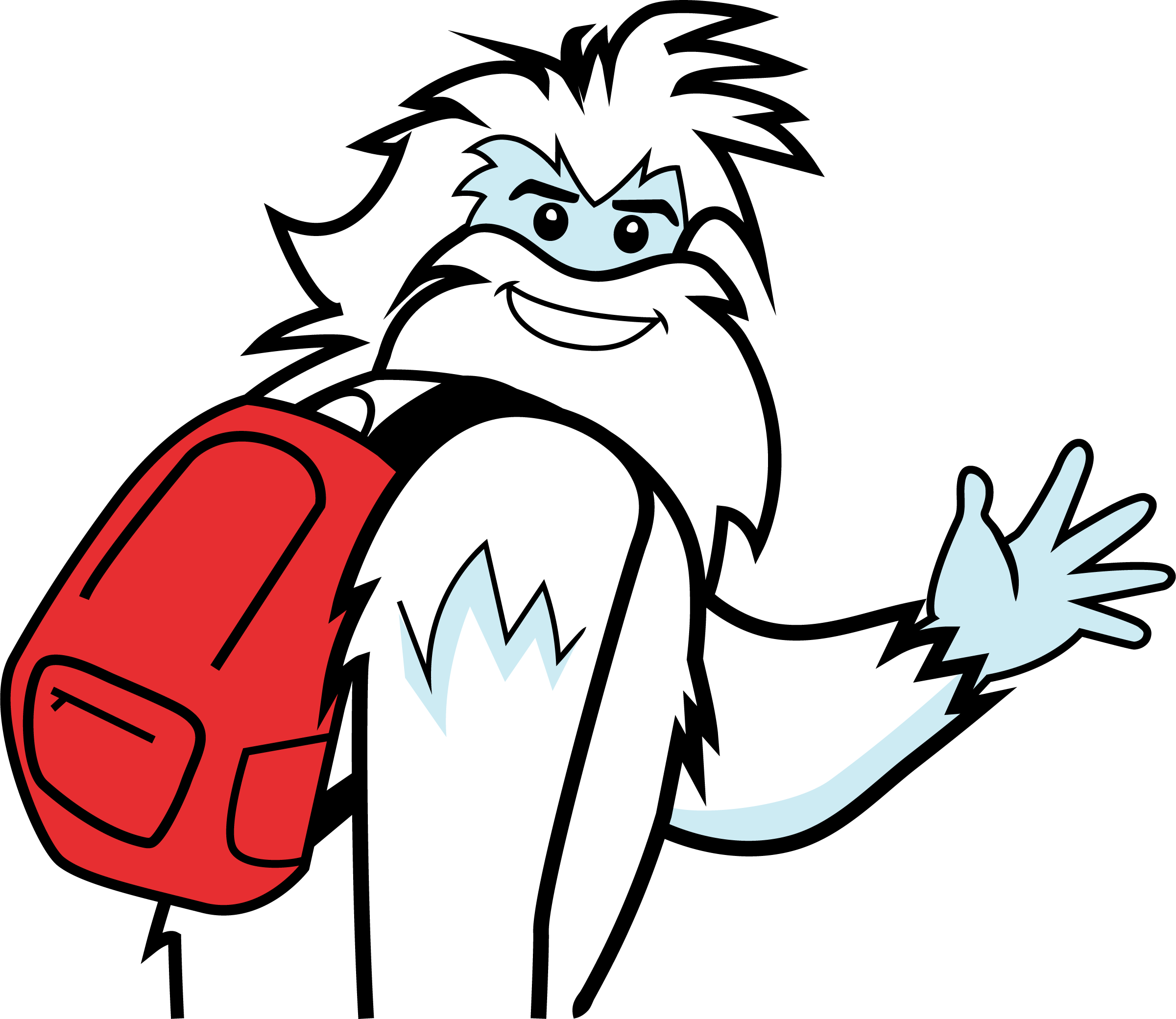 a waving yeti wearing a go bag